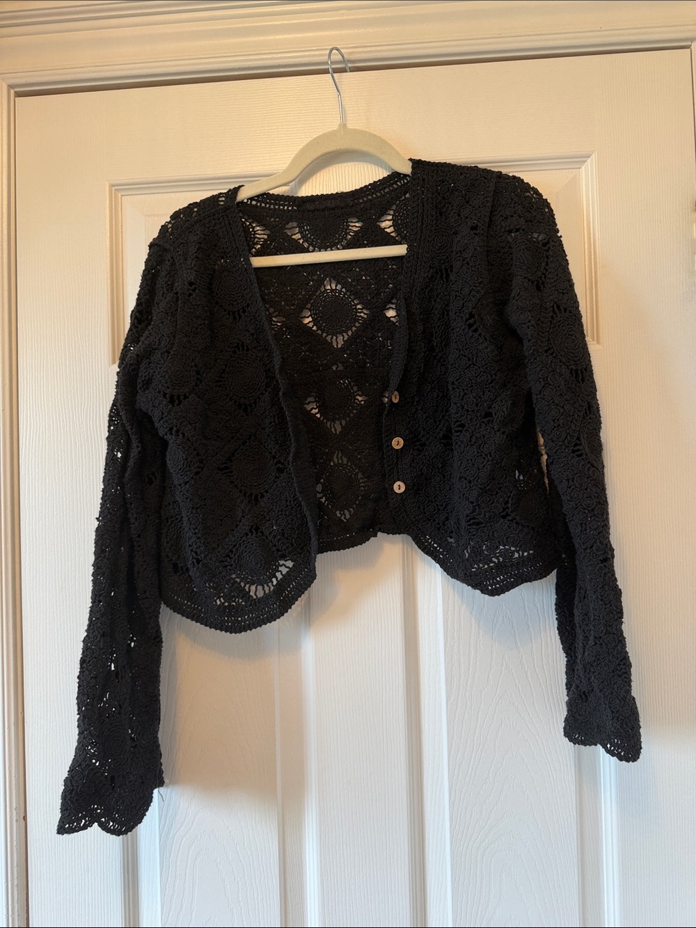 Black Crochet Knit Button-Front Women's Sweater
